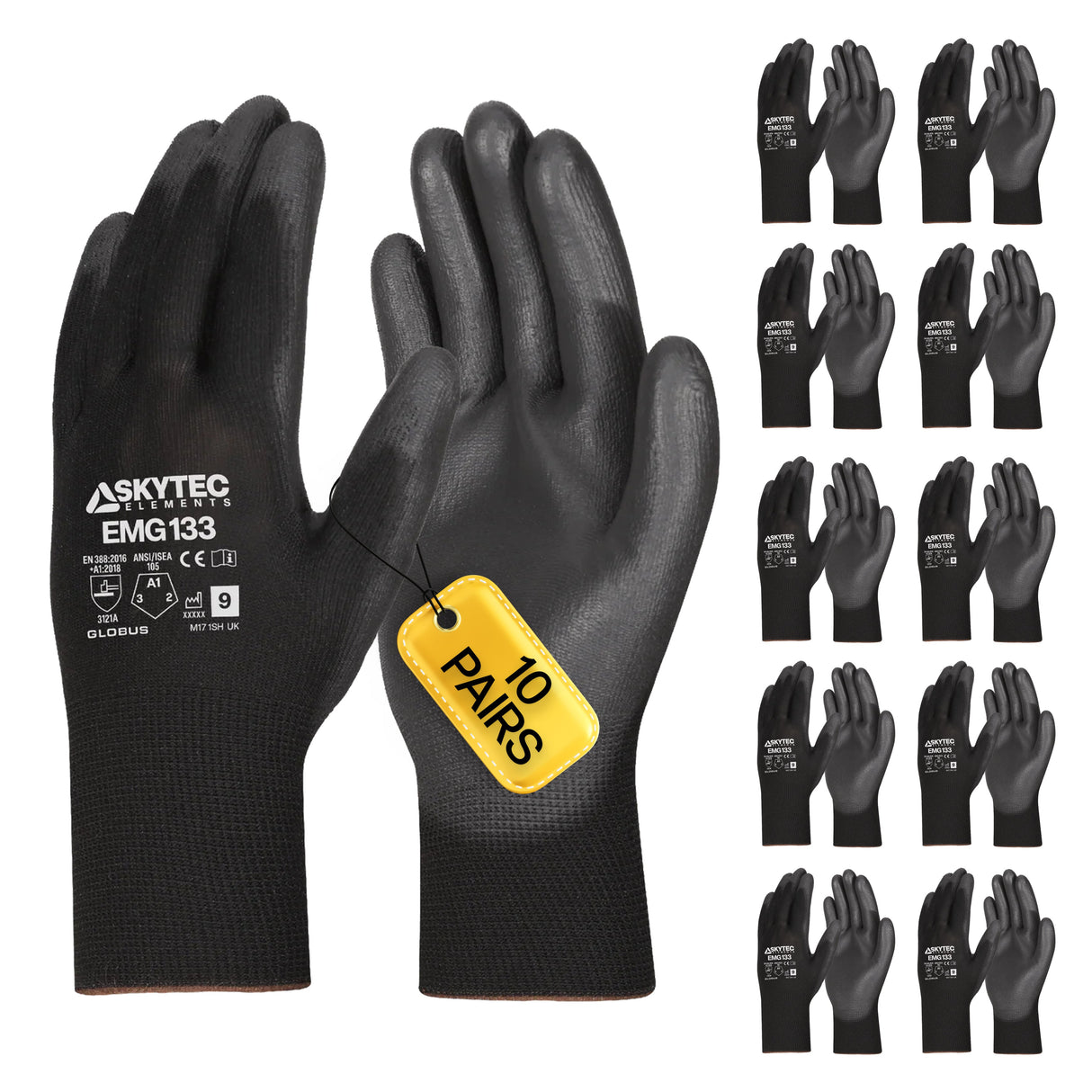 SKYTEC ELEMENTS EMG133 Black Multi Purpose PU Palm Coated Work Gloves (PACK of 10 PAIRS)