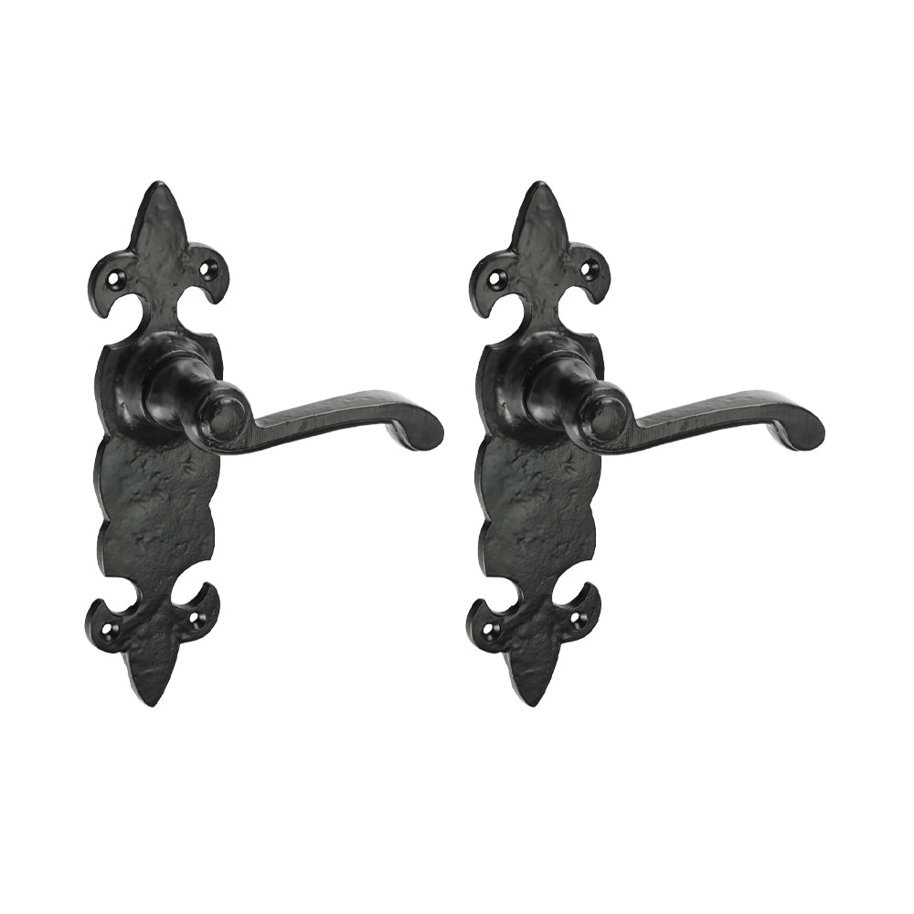 Fleur De Lys Ornate Lever Latch Door Handle – Antique Black Iron - 195 × 55