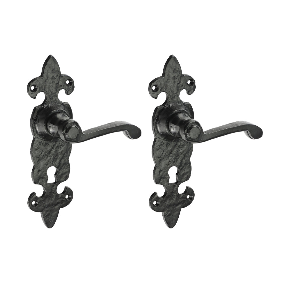 Fleur De Lys Ornate Lever Lock Door Handles – Antique Black - 195 × 55