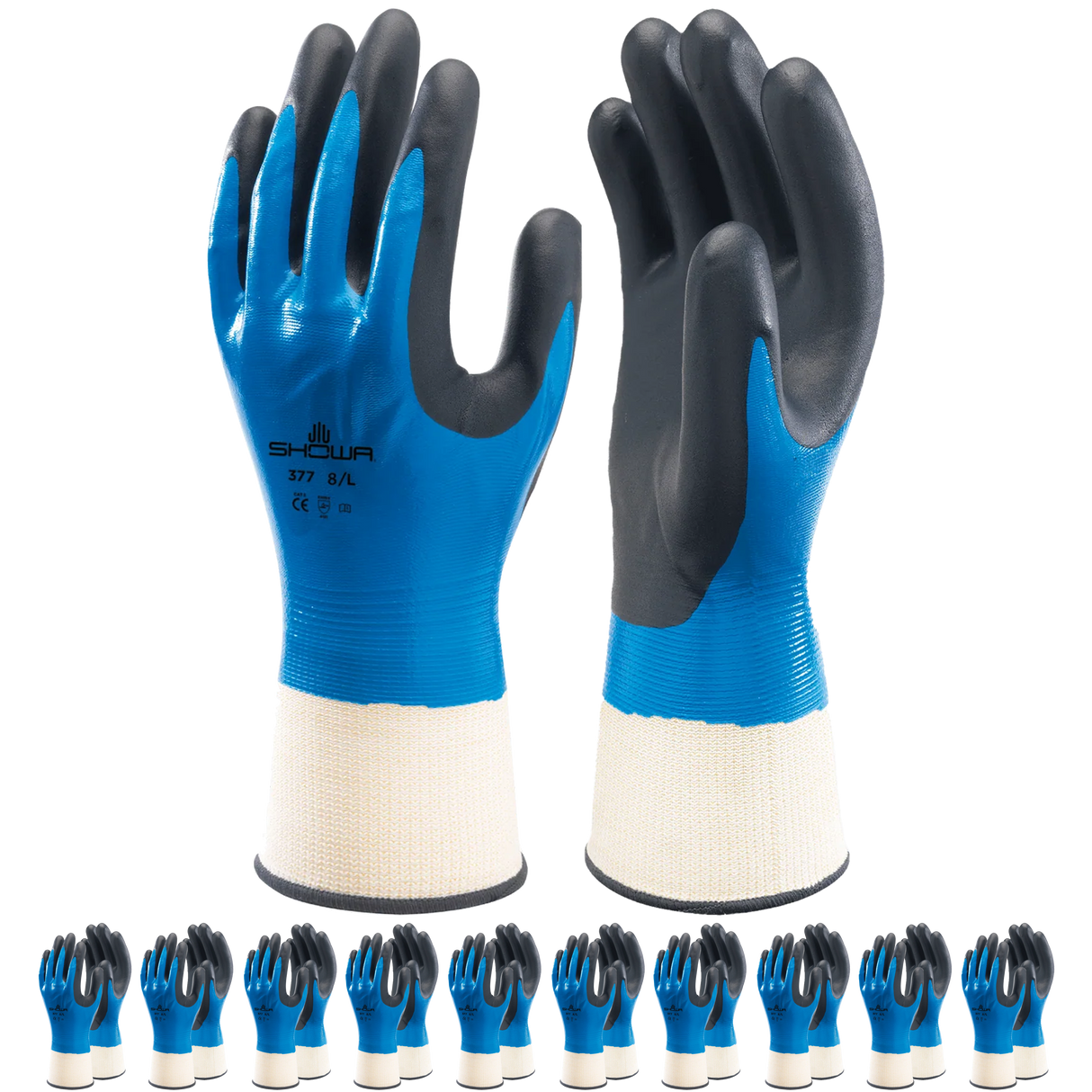 SHOWA 377 Waterproof Impermeable Fully Coated Work Gloves with Nitrile Grip (PACK of 10 PAIRS)