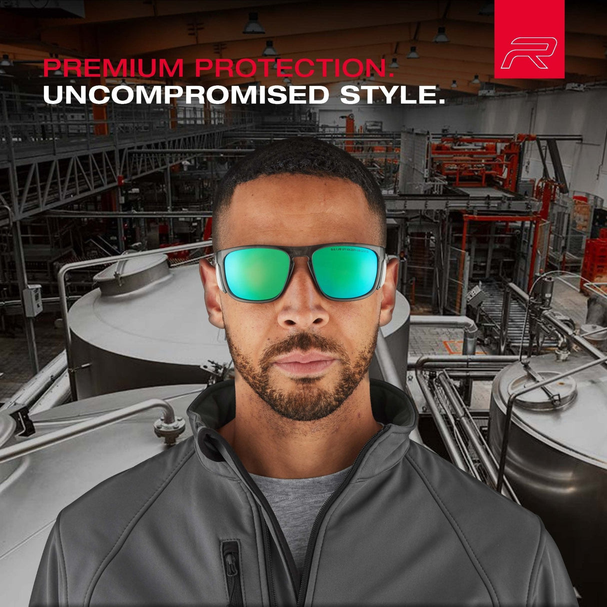 Riley Navigator X Safety Sunglasses – Green Mirror Revo, Smoked Frame, Anti-Fog/Anti-Scratch