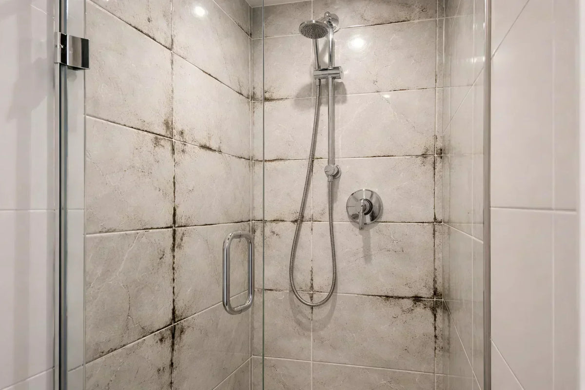 Black mould and condensation around tiled shower grout and silicone sealant