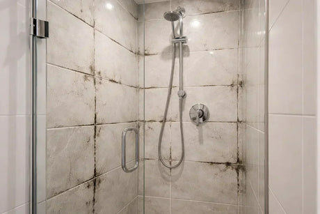 Black mould and condensation around tiled shower grout and silicone sealant