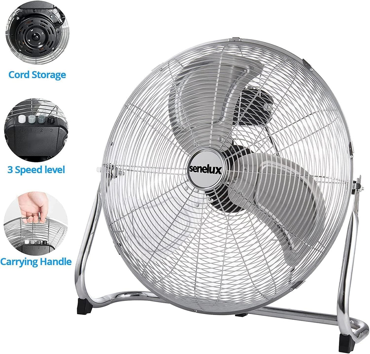 Chrome Floor Fan for Homes, Gyms, Bedrooms & Kitchens | with 3 Fan Speeds and Adjustable Tilt