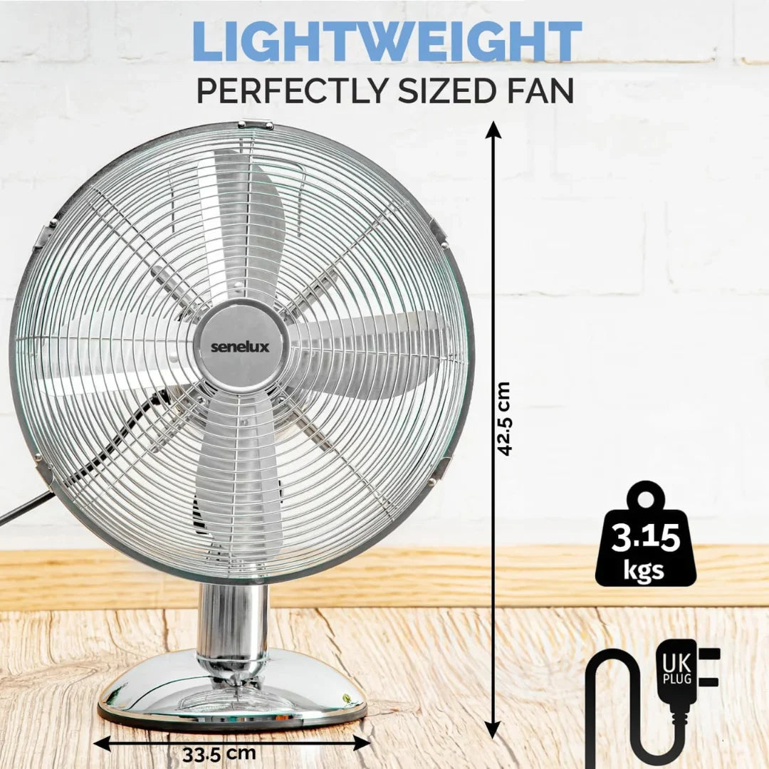 Senelux 12 inch Chrome Desk Fan; Great for Home Cooling and Comfort in Bedrooms, Living Rooms and Offices