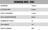 160mm x 20mm x 2.2mm "Cougar" 12T Rip Circular Saw Blade - 2201