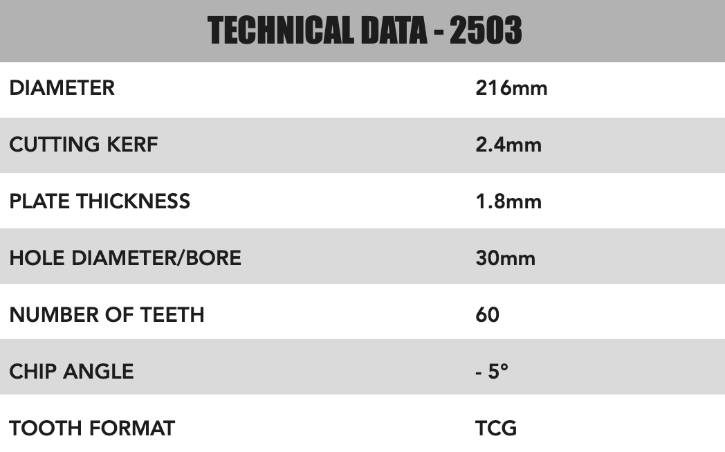 216mm x 30mm x 2.4mm 60T (TCG Neg Rake) Ali Blade - 2503