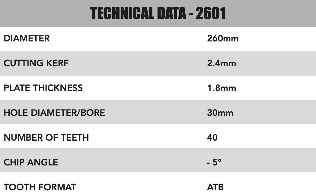 260mm x 30mm x 2.4mm 40 Tooth ATB (Neg Rake)  Kapex KS120 Circular Saw Blade - 2601
