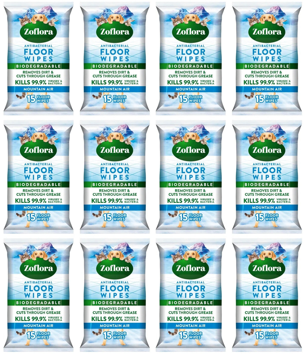 12 x Zoflora Floor Wipes Mountain Air  - 15 PACK