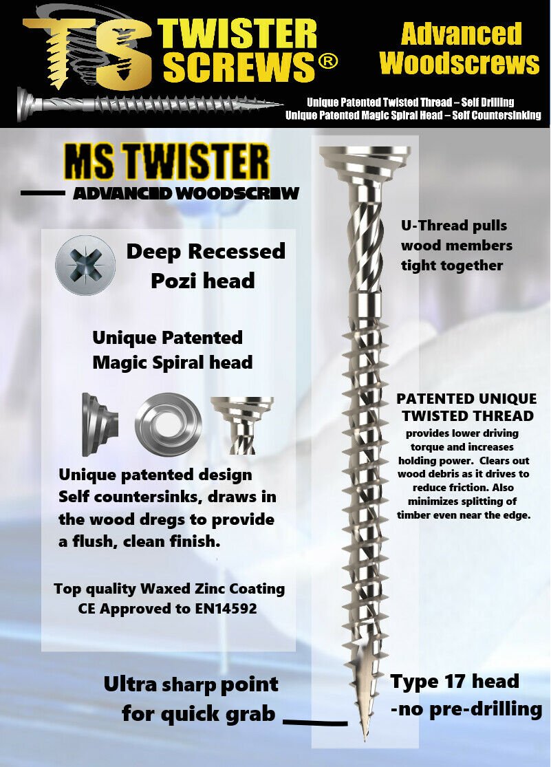 TwisterScrews MS Twister – Advanced Multipurpose Woodscrew (Magic Spiral Head)