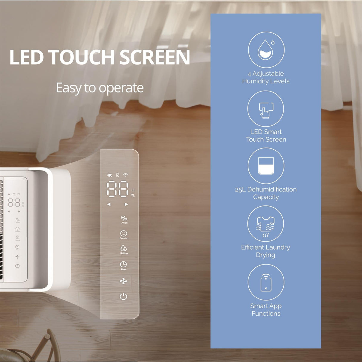 Senelux 25L/Day Dehumidifier Smart App Wi-Fi with 5.5L Water Tank, Continuous Drainage, Large Room, Sleep Mode, 24H Timer