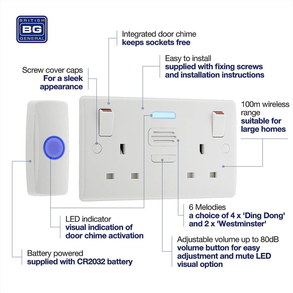 British General Nexus Double Switched 13A Power Socket with Door Chime - White