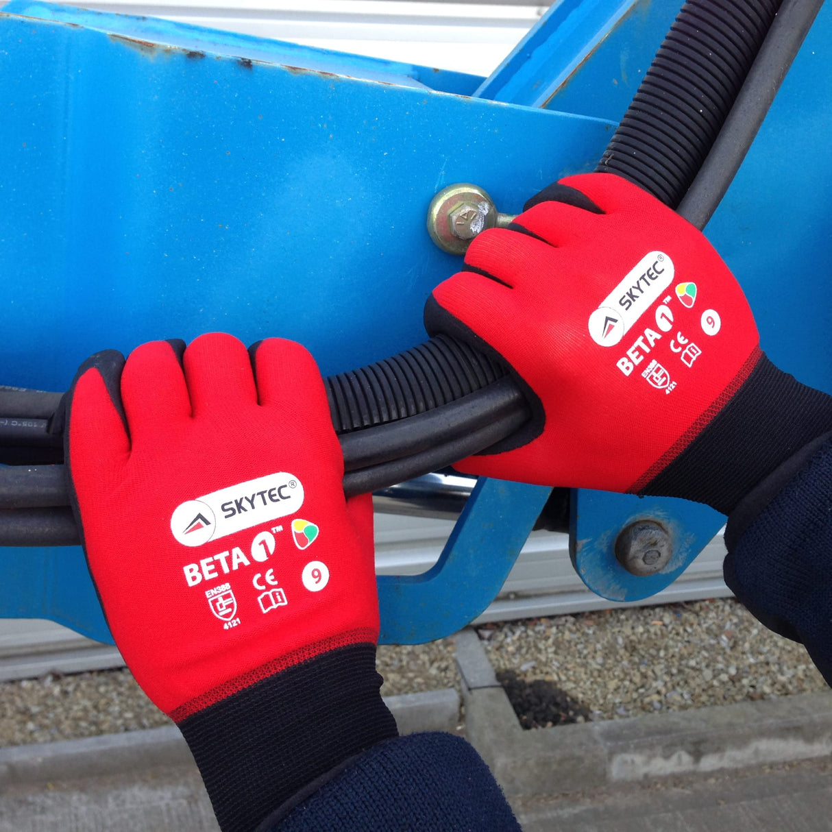 SKYTEC Beta 1 Tricolore Flexible Lightweight Low Cut Protection Red Safety Work Gloves with Grip Palm (PACK of 10 PAIRS)