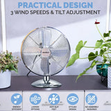 Senelux 12 inch Chrome Desk Fan; Great for Home Cooling and Comfort in Bedrooms, Living Rooms and Offices