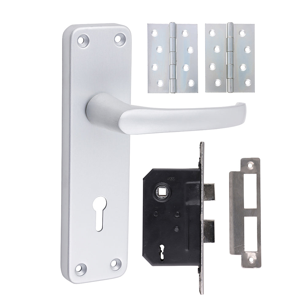 Contractors 3L Lock Door Pack - Satin Anodised Aluminium (Lock Door Handle / Hinges / Latch)