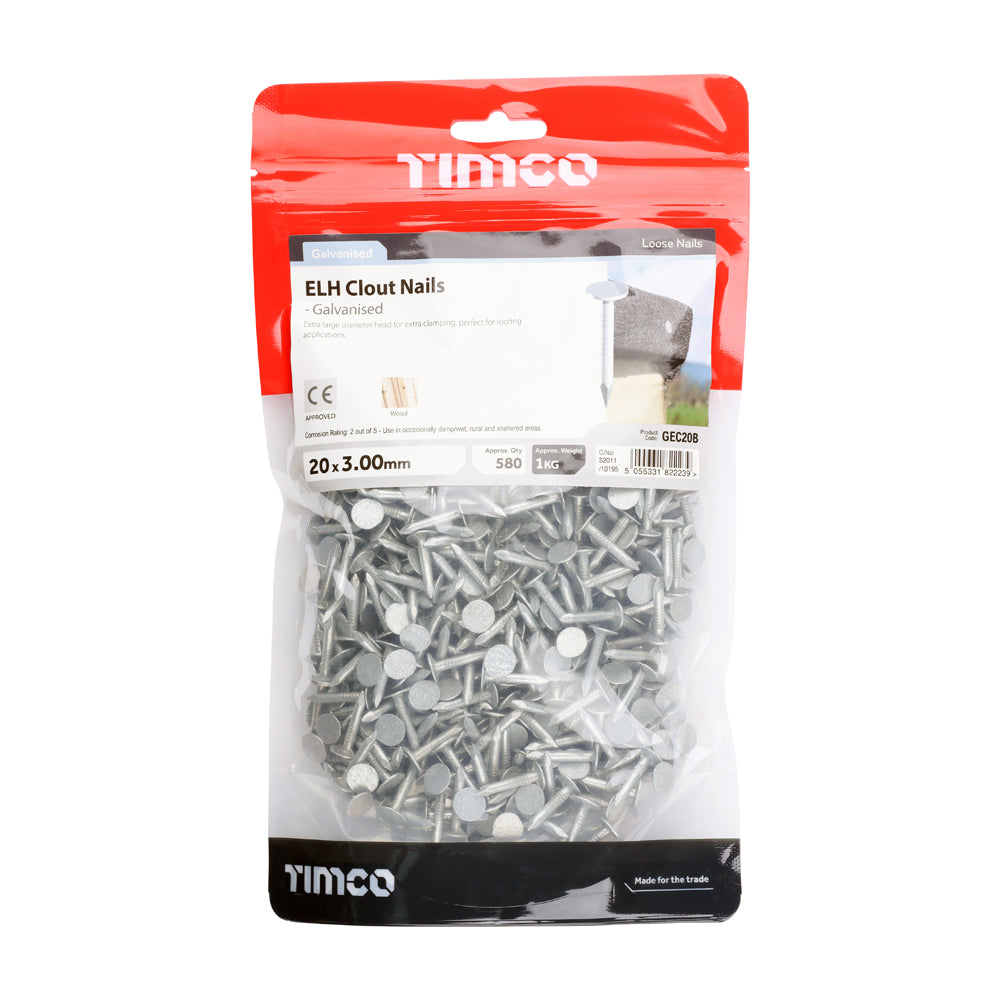 Extra Large Head Clout Nails – Galvanised – 1kg Bags