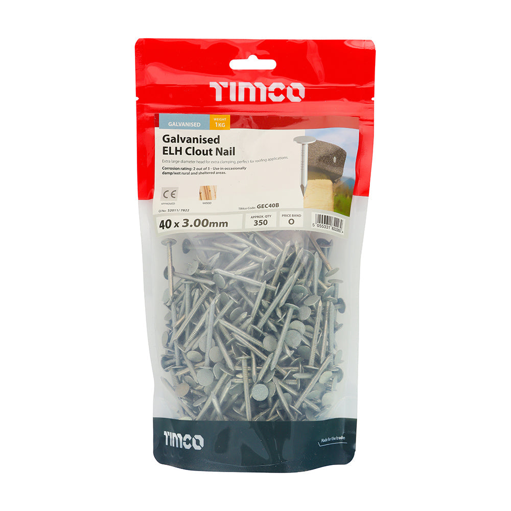 Extra Large Head Clout Nails – Galvanised – 1kg Bags