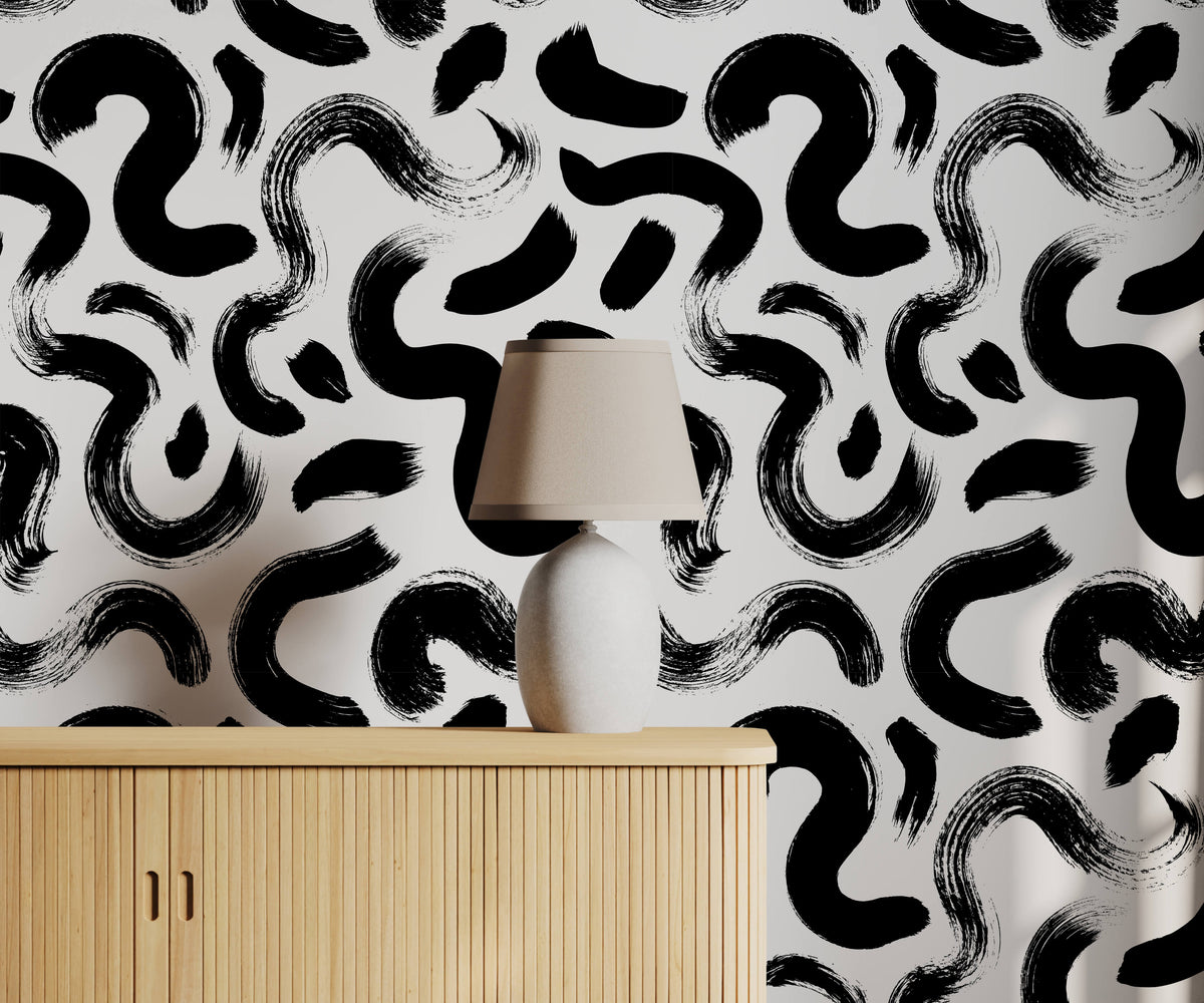 Filbert Black White Brushstroke Wallpaper