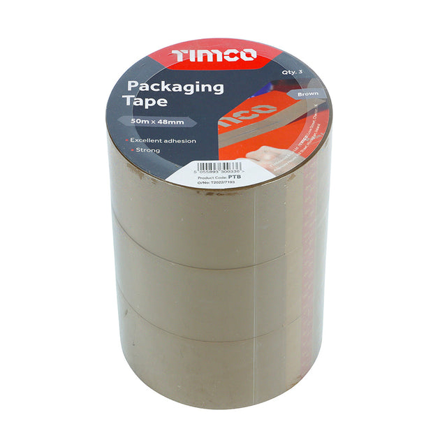 TIMCO Packaging Tape, Triple Pack (3 Rolls), Brown, three rolls stacked