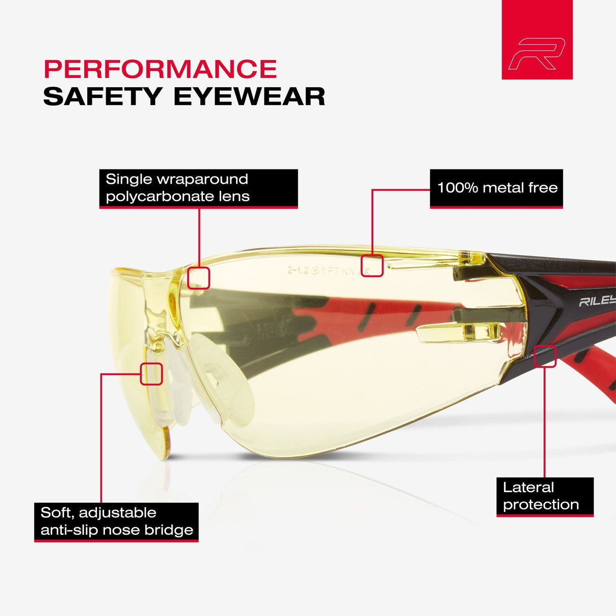 RILEY Stream Red Safety Glasses – Yellow Tint, Metal-Free