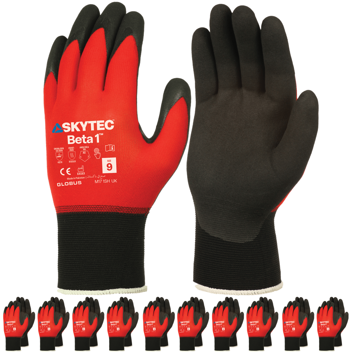 SKYTEC Beta 1 Tricolore Flexible Lightweight Low Cut Protection Red Safety Work Gloves with Grip Palm (PACK of 10 PAIRS)