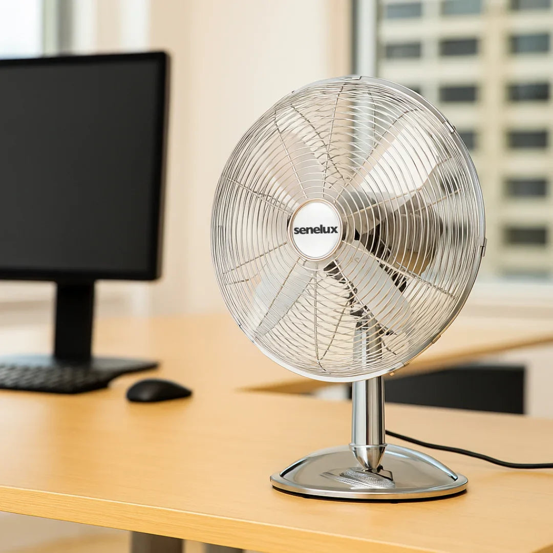 Senelux 12 inch Chrome Desk Fan; Great for Home Cooling and Comfort in Bedrooms, Living Rooms and Offices