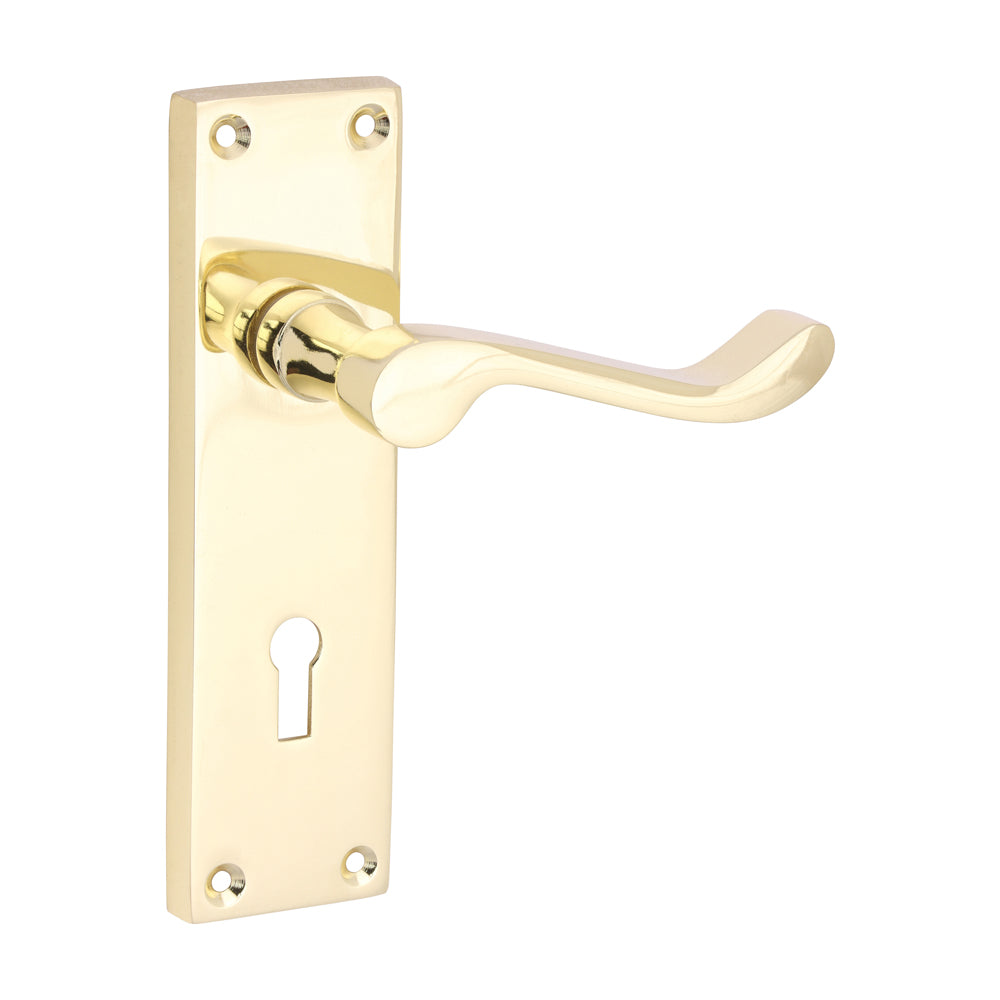 Victorian Scroll Lock Door Handle – Polished Brass - 152 × 42