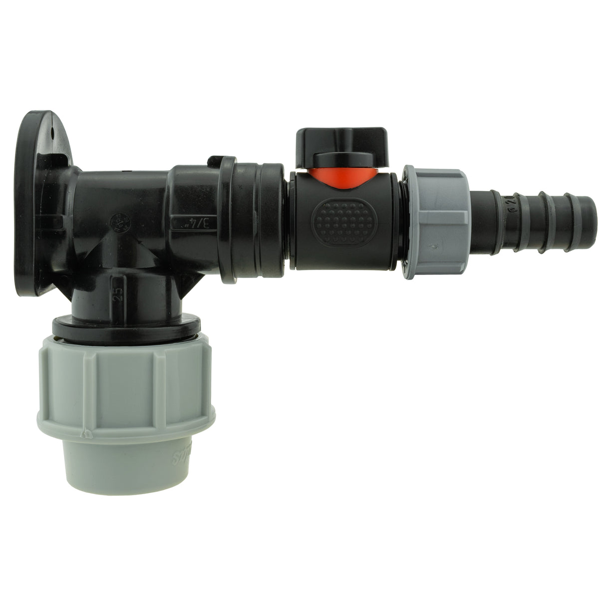Wall Flange Kit 32mm MDPE + In-Line Valve + 20mm Barb
