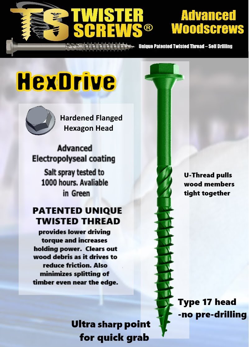 Twisterscrews HexDrive – Pro-Grade Hex Head Wood Screws - Ourdoor/External Corosion Resistant
