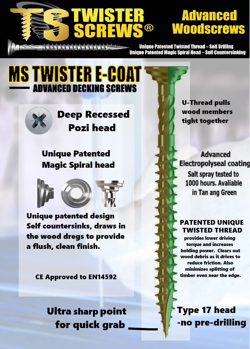 Twister Pro E-Coat Decking Screws – Self-Countersinking Serration Head